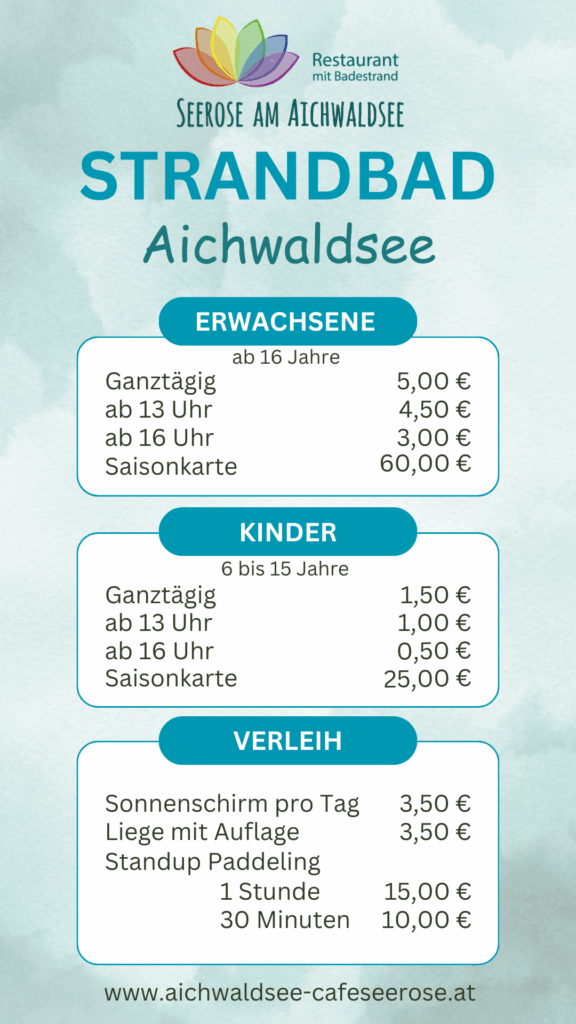 Preisliste 2025 für das Strandbad Aichwaldsee